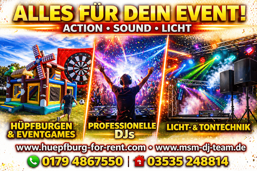 Promotional banner advertising event services: bouncy castles, professional DJs, and stage lighting with contact details in German.
