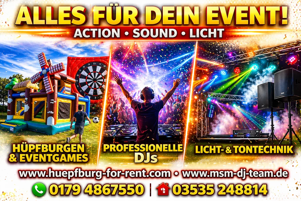 Promotional banner advertising event services: bouncy castles, professional DJs, and stage lighting with contact details in German.