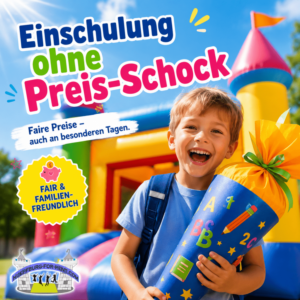 Kind mit Schulranzen und großen bunten Paukenballon, Werbeabbildung für faire Einschulungspreise.