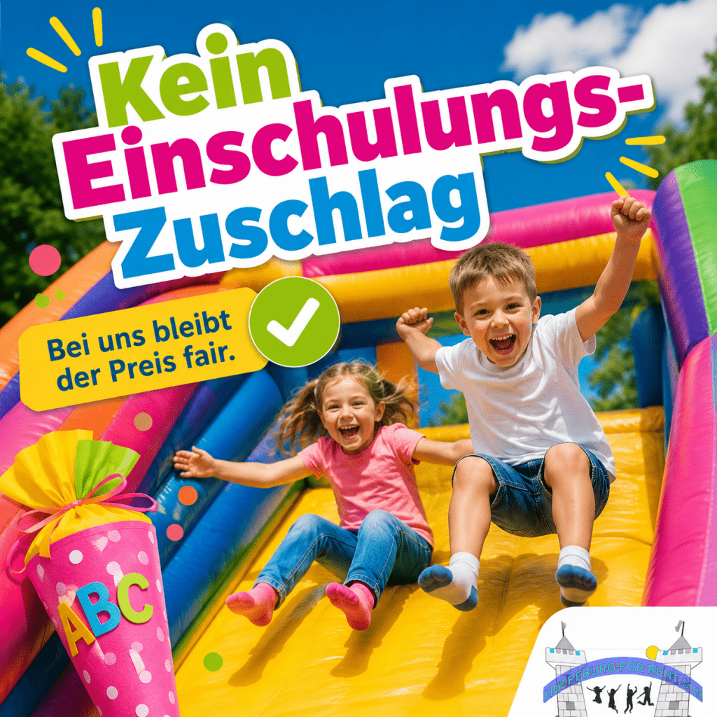 Promotional image: cheerful children on a colorful inflatable slide with bold German text about no enrollment surcharge and a note about fair prices.