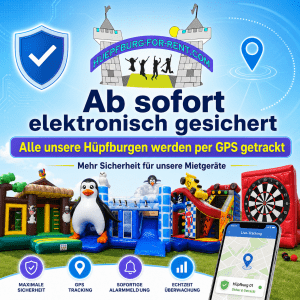 Ad banner for Hueppburg-for-rent: inflatable playgrounds with GPS tracking and safety features for rentals (German text shown).